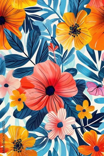 Various colorful flowers  leaves. Hand drawn floral illustration. Square seamless Pattern. Repeating design element for printing. Template for fabrics  summer textiles  wallpaper  clothes See Less
