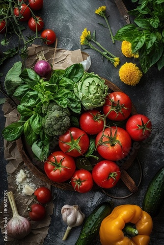 Various fresh food collection. Tomato with parmesan and pepper with artichoke and cucumber.