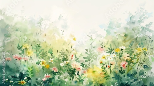 Delicate watercolor of a lush garden in spring, blooming flowers and soft, new leaves enhancing the feeling of renewal and comfort © Alpha
