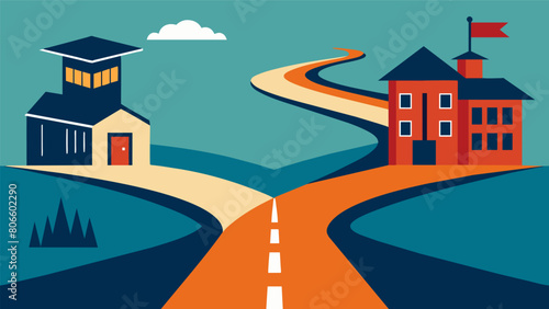 A graphic of two roads diverging one leading to a traditional college and the other to a trade school with the text Choose your own path.. Vector illustration © Justlight