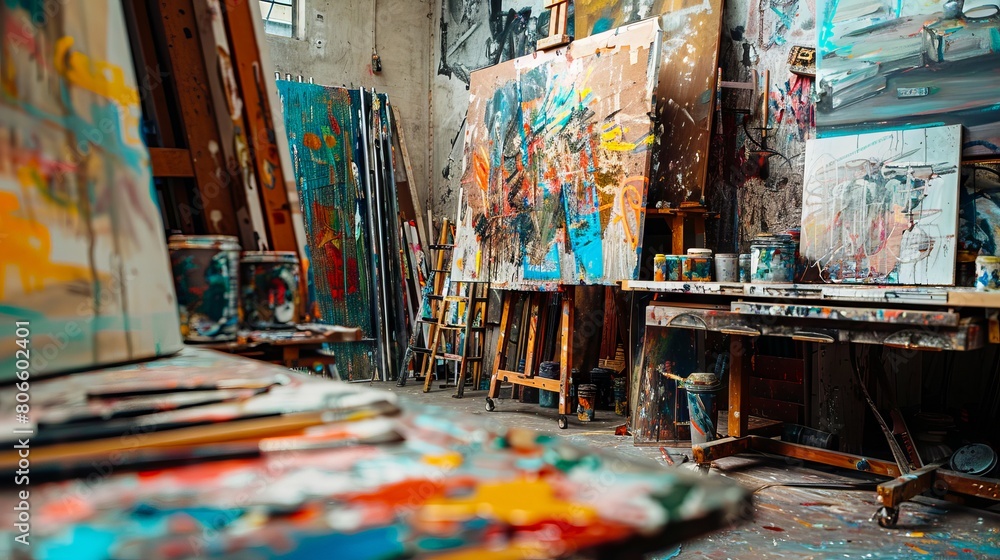 An artist's studio with many different paintings. An artist's studio with many different paintings.