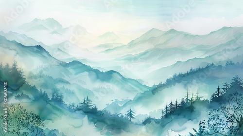 Dynamic watercolor of a mountain landscape in the early morning, soft pastel colors conveying the stillness and beauty of nature