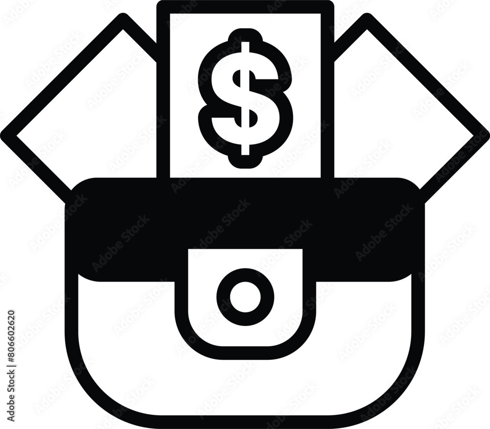 A black and white image of a wallet with a dollar bill inside In the concept of business icons A black and white image of a wallet with a dollar bill inside In the concept of business icons