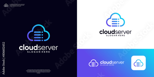 Simple cloud line art database server storage logo design template.