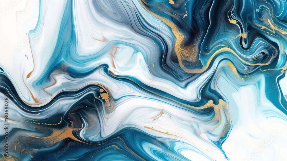 Obraz premium A beautiful abstract painting with blue, white and gold swirls, an elegant background.
