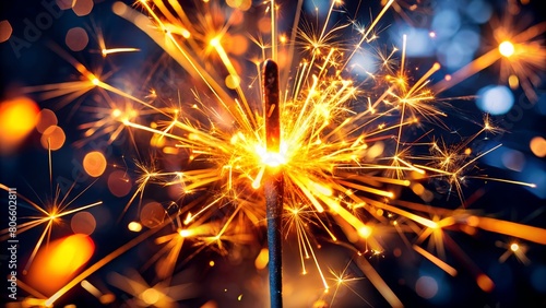 Close-up Capture of Vibrant Sparkler with Fiery Particles Against Dark Backdrop