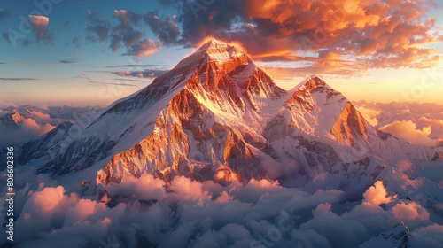 A majestic mountain peak, snow covered and illuminated in the style of the golden glow of sunrise, towering above fluffy white clouds in an expansive sky. Created with AI
