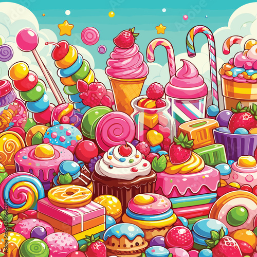 Candy land background with delicious desserts