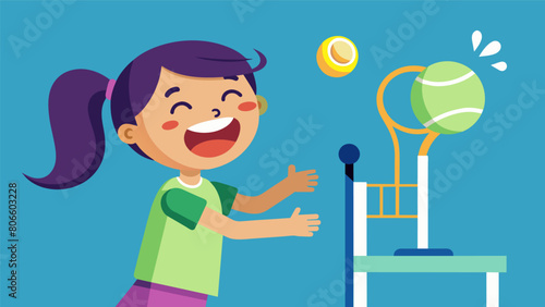 A young girl laughing and having fun as she attempts to hit the unpredictable shots coming from the tennis ball machine.. Vector illustration