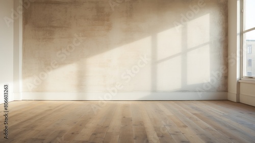 A bright  empty room with light streaming in through the windows and laminate floors.