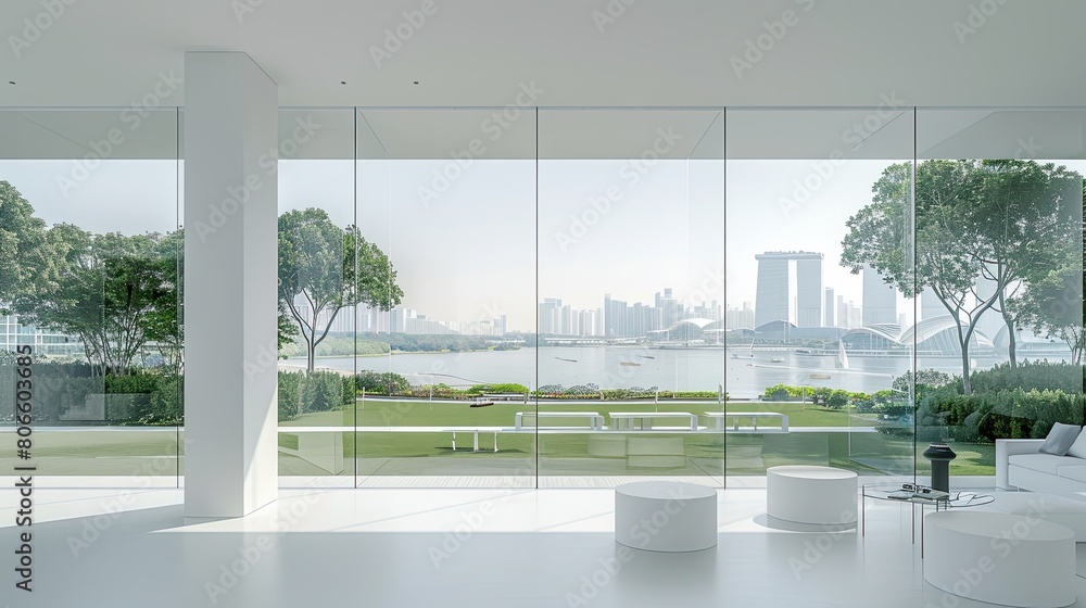 Fototapeta premium The serene white interior of a living space, with a glass wall offering a view of the city's bay and parks
