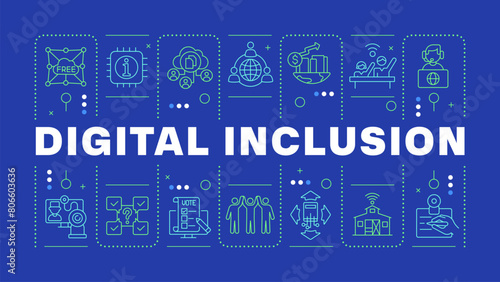 Digital inclusion blue word concept. Web accessibility, communication technology. Cloud storage. Horizontal vector image. Headline text surrounded by editable outline icons. Hubot Sans font used