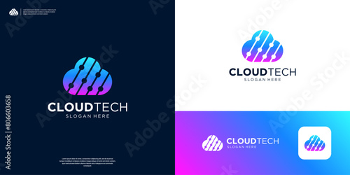 Tech cloud logo with connection data transfer symbol logo design.