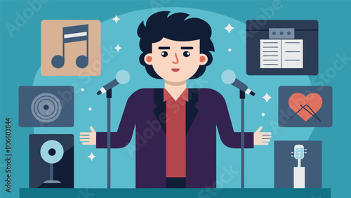 The lead singer introduces the album sharing personal anecdotes and inspirations behind each track before launching into the first song. Vector illustration