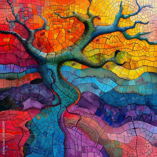 Vibrant Abstract Mosaic Tree in a Spectrum of Colors