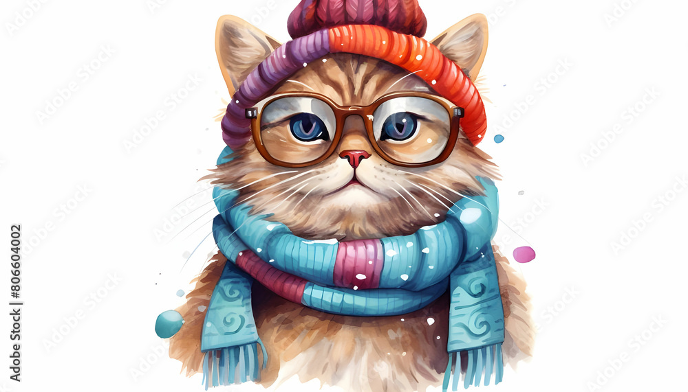 Cute cat with glasses dressed in colorful winter outfit an anthropomorphic animal