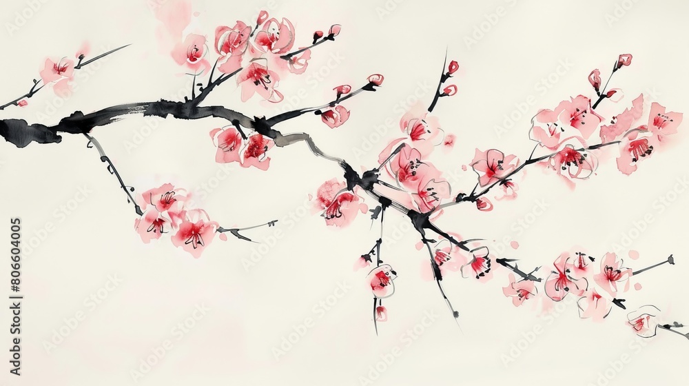 Minimalist watercolor depicting a delicate cherry blossom branch, the simplicity and elegance bringing beauty and calm to the clinic environment
