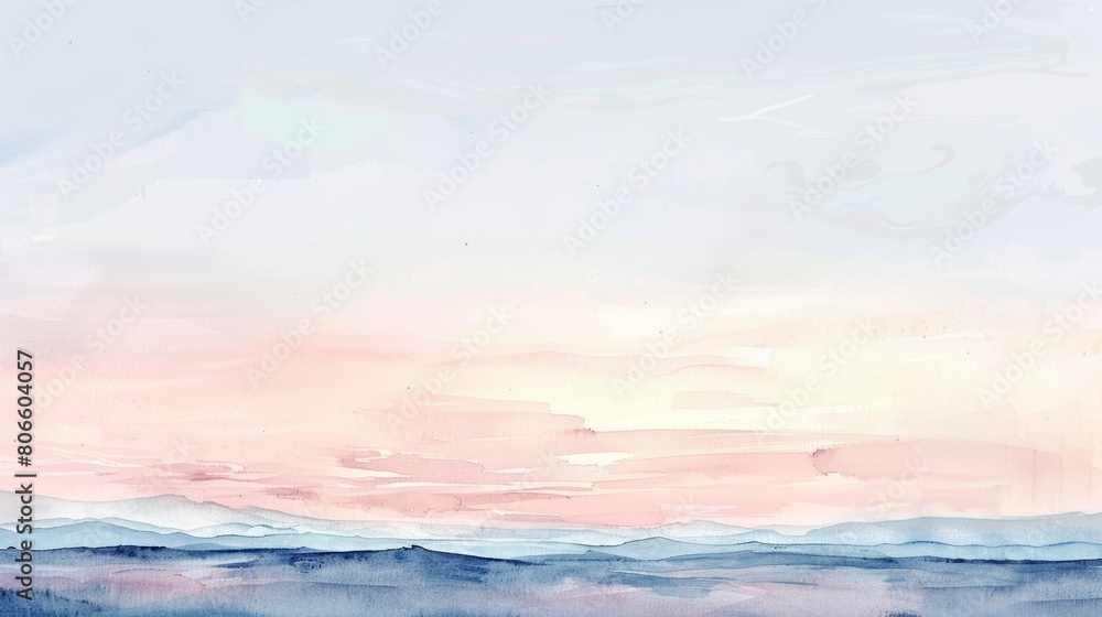 Minimalist watercolor of a desert at sunset, vast open skies and soft sandy tones blending together to create a calming, open space
