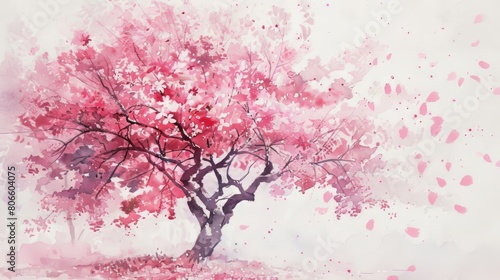 Gentle watercolor of a blooming cherry blossom tree  delicate pink petals floating down  inviting relaxation and a sense of beauty