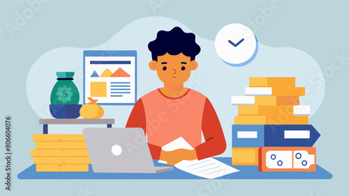 A student sits at their kitchen table surrounded by a stack of papers carefully calculating and comparing interest rates repayment options and terms. Vector illustration