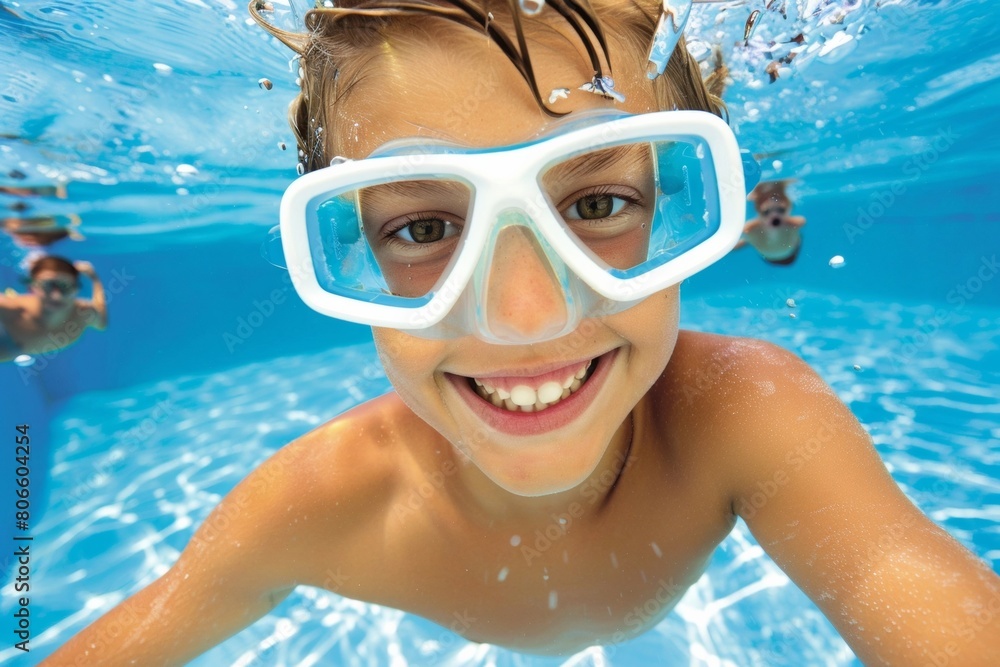 Young Boy Joyfully Diving Into Clear Blue Water - Summer Fun, Aquatic Sports, Holiday Activity