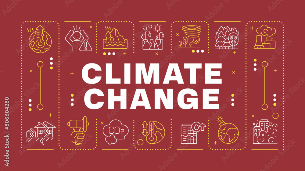 Climate change dark red word concept. Industrial water pollution, global warming. Natural disaster. Horizontal vector image. Headline text surrounded by editable outline icons. Hubot Sans font used Climate change dark red word concept. Industrial water pollution, global warming. Natural disaster. Horizontal vector image. Headline text surrounded by editable outline icons. Hubot Sans font used