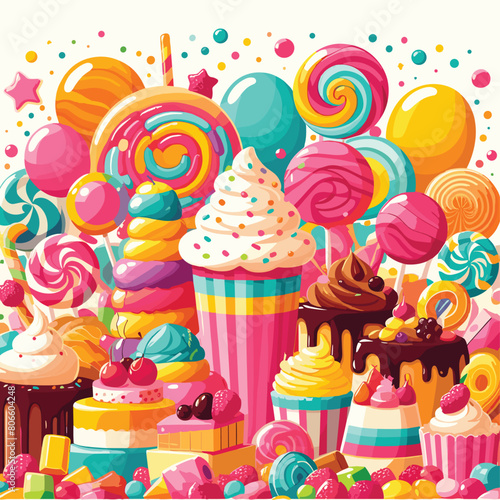 Candy land background with delicious desserts