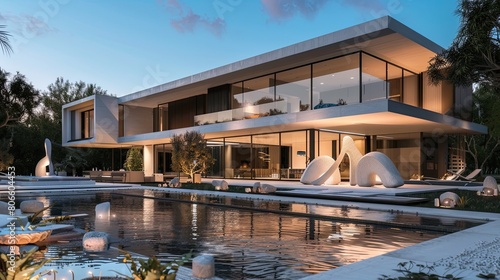 The striking facade of a modern villa with a pool, featuring avant-garde sculptures and water elements in the evening light © Salman