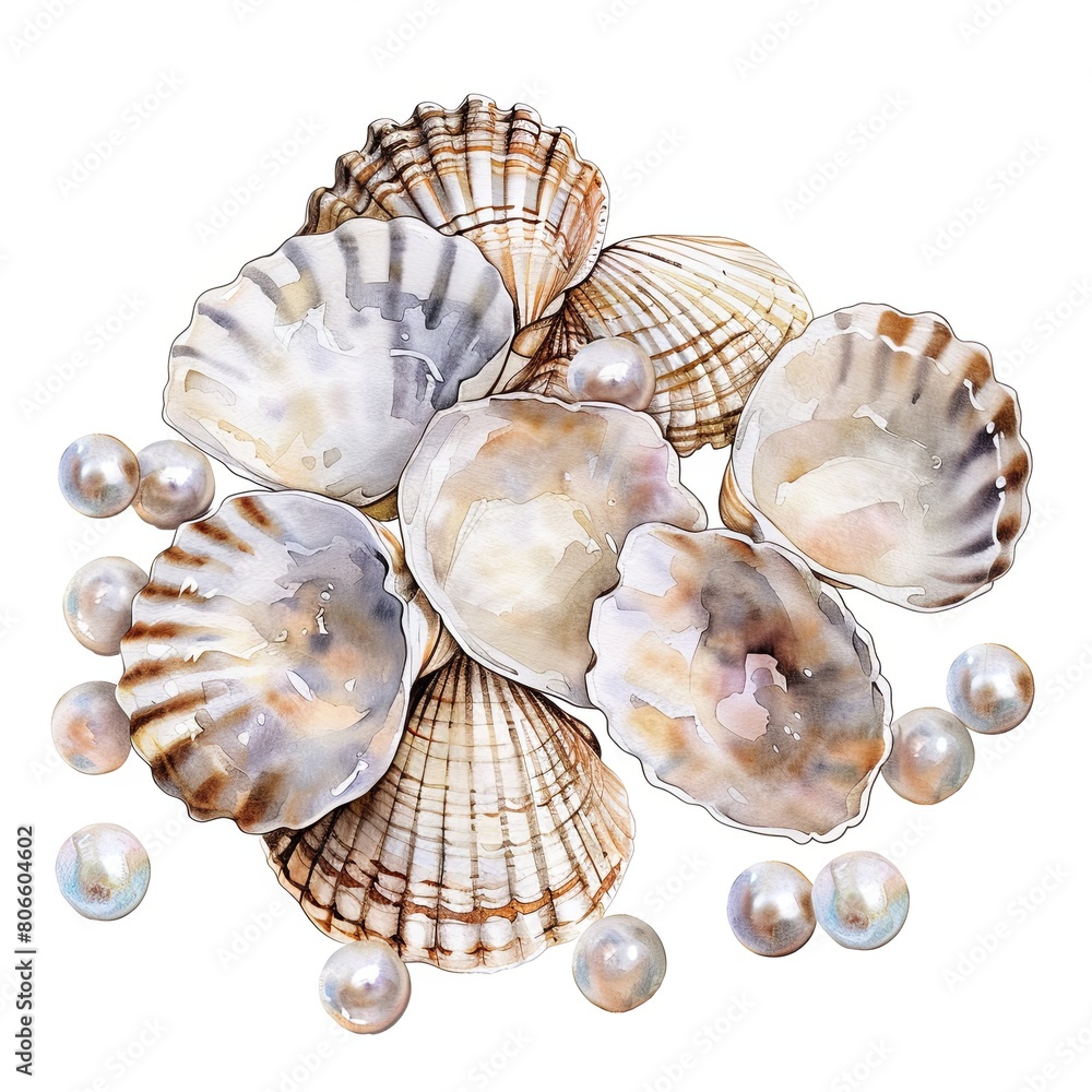 Watercolored Clam Shell Clam shells and pearls watercolor clipart illustration on white ...