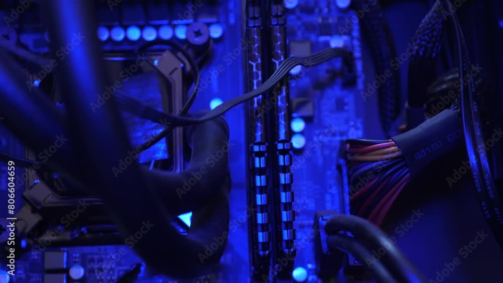 Macro shot of PC motherboard with RGB lights. Macro shot of PC motherboard with RGB lights.