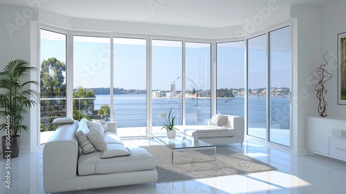 The tranquil ambiance of a white living space  with a corner glass window offering a panoramic bay vista
