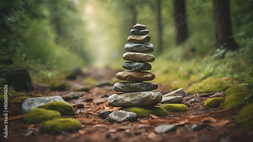 Stacked stones in the forest. Zen and harmony concept. Selective focus.