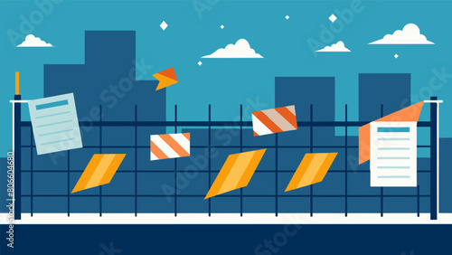 Haphazardly taped onto the metal fence progress reports and projected completion dates flap in the wind giving a sense of urgency and excitement to. Vector illustration