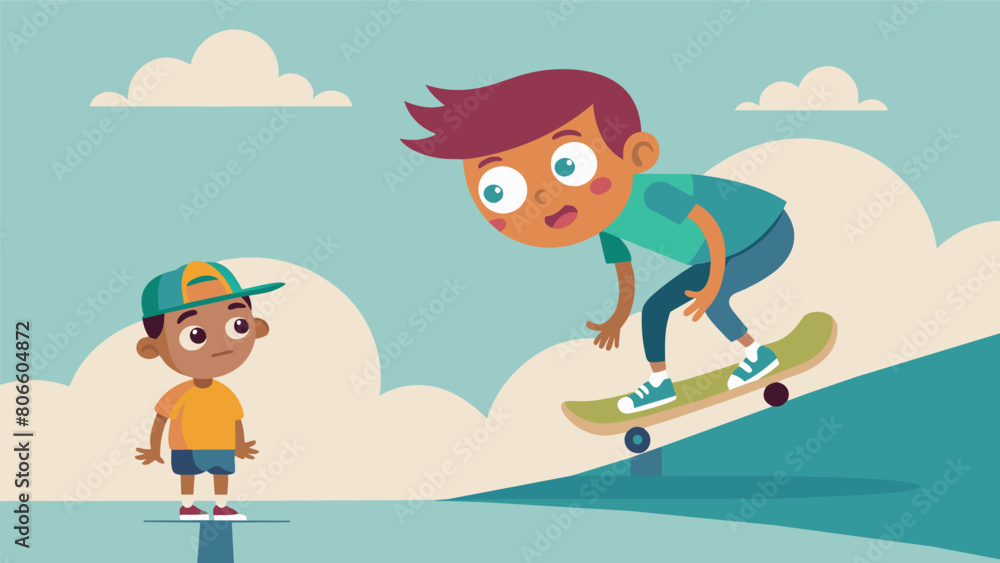 A curious child observing in awe as a skateboarder grinds on a rail effortlessly changing direction.. Vector illustration