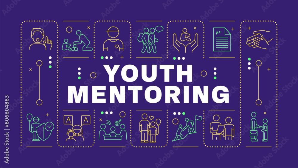 Fototapeta premium Youth mentoring purple word concept. Skill development, holistic growth. Self assurance. Horizontal vector image. Headline text surrounded by editable outline icons. Hubot Sans font used