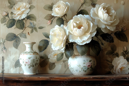 A wall with white roses in vases, with a pattern of large flowers on the background. Created with Ai