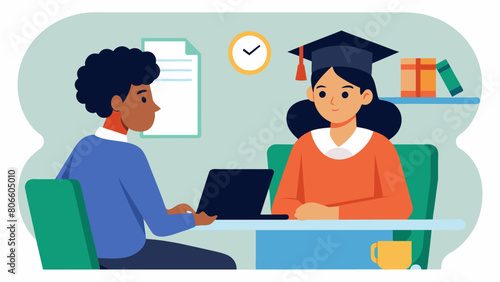 A high school guidance counselor sitting across from a student guiding them through the decisionmaking process and discussing the potential. Vector illustration