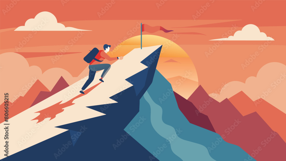 A person climbing a mountain both physically and metaphorically to illustrate the journey towards inner freedom.. Vector illustration