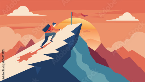 A person climbing a mountain both physically and metaphorically to illustrate the journey towards inner freedom.. Vector illustration