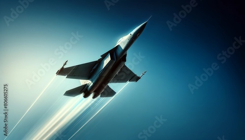 Dynamic Fighter Jet Soaring in Clear Blue Sky
