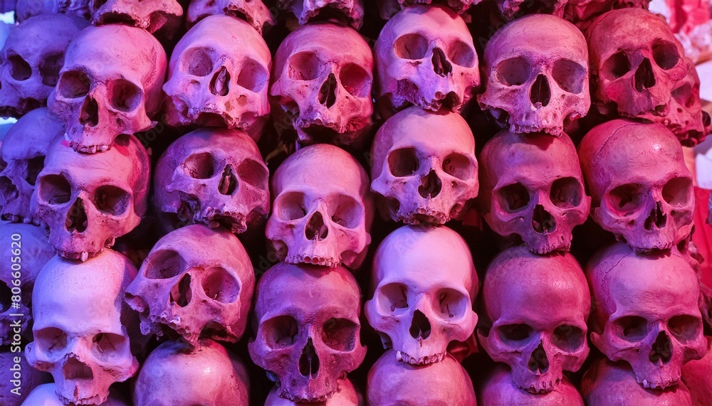 skull and crossbones, Pen tool cutout. Horror concept. Halloween season decoration. Stacked skulls in a large pile of bones. Forgotten ancient graveyard.