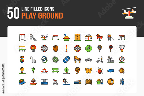 Set of 50 Play Ground icons related to Swing, Slide, Seesaw, Monkey Bars Line Filled Icon collection