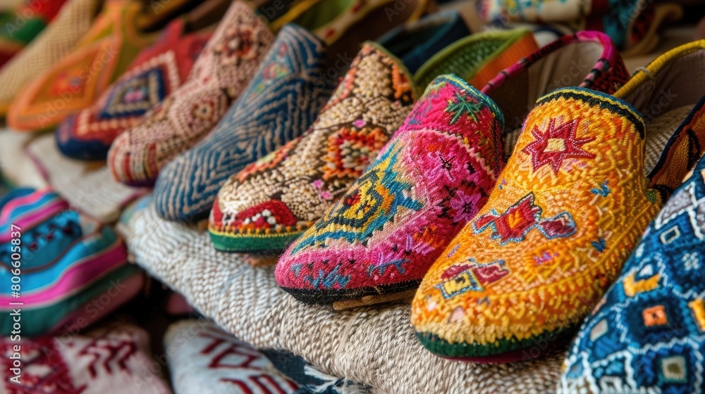 Vibrant Moroccan babouche slippers in an artisan market