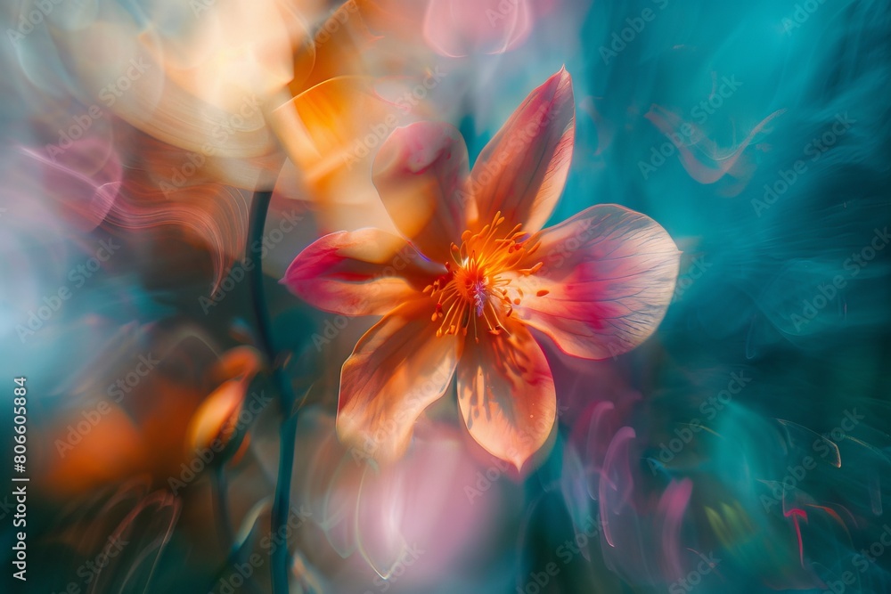 Dynamic close-up of a flower with a surreal effect, showcasing vibrant petals in motion against a dreamy, blurred background.

