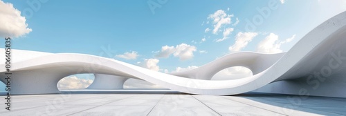 White curved wave concrete structure, empty space with blue sky background, minimal architecture concept.