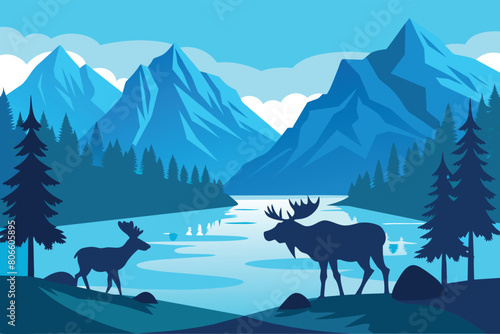 Two moose in wildlife at beautiful lake in blue mountains vector illustration © mobarok8888