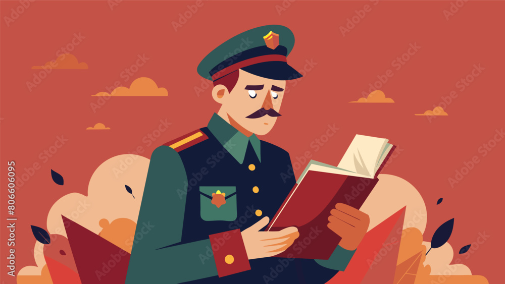 During a break in the march a stoic commander takes out his journal and writes down his reflections on the nature of bravery and fear.. Vector illustration During a break in the march a stoic commander takes out his journal and writes down his reflections on the nature of bravery and fear.. Vector illustration