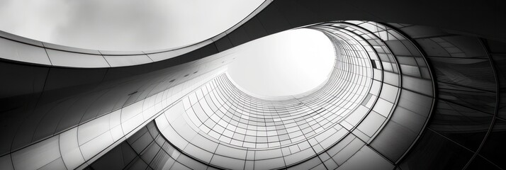 Black and white photo of a curved skyscraper, Modern architecture in a low angle shot of the building.