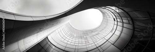 Black and white photo of a curved skyscraper, Modern architecture in a low angle shot of the building.
