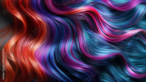 Abstract artwork featuring flowing strands in vibrant red, blue, and purple hues, creating a dynamic and textured sense of movement.
